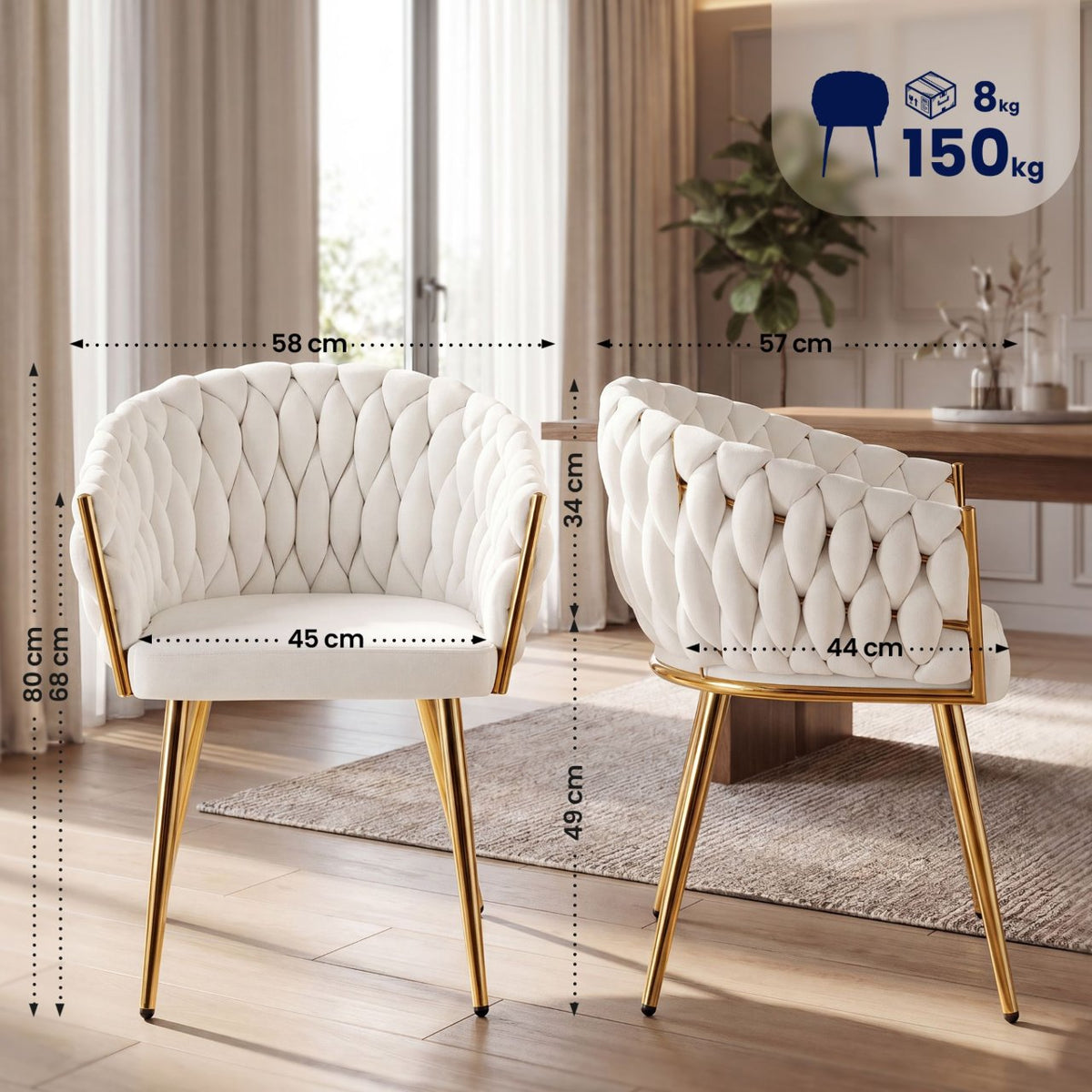 Eetkamerstoel Molise fluweel goud creme,Fluweel creme