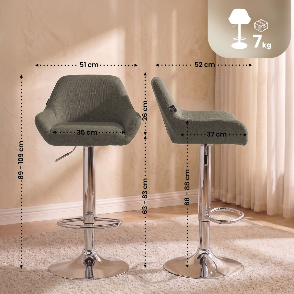 Barkruk Braga stof taupe,chroom taupe