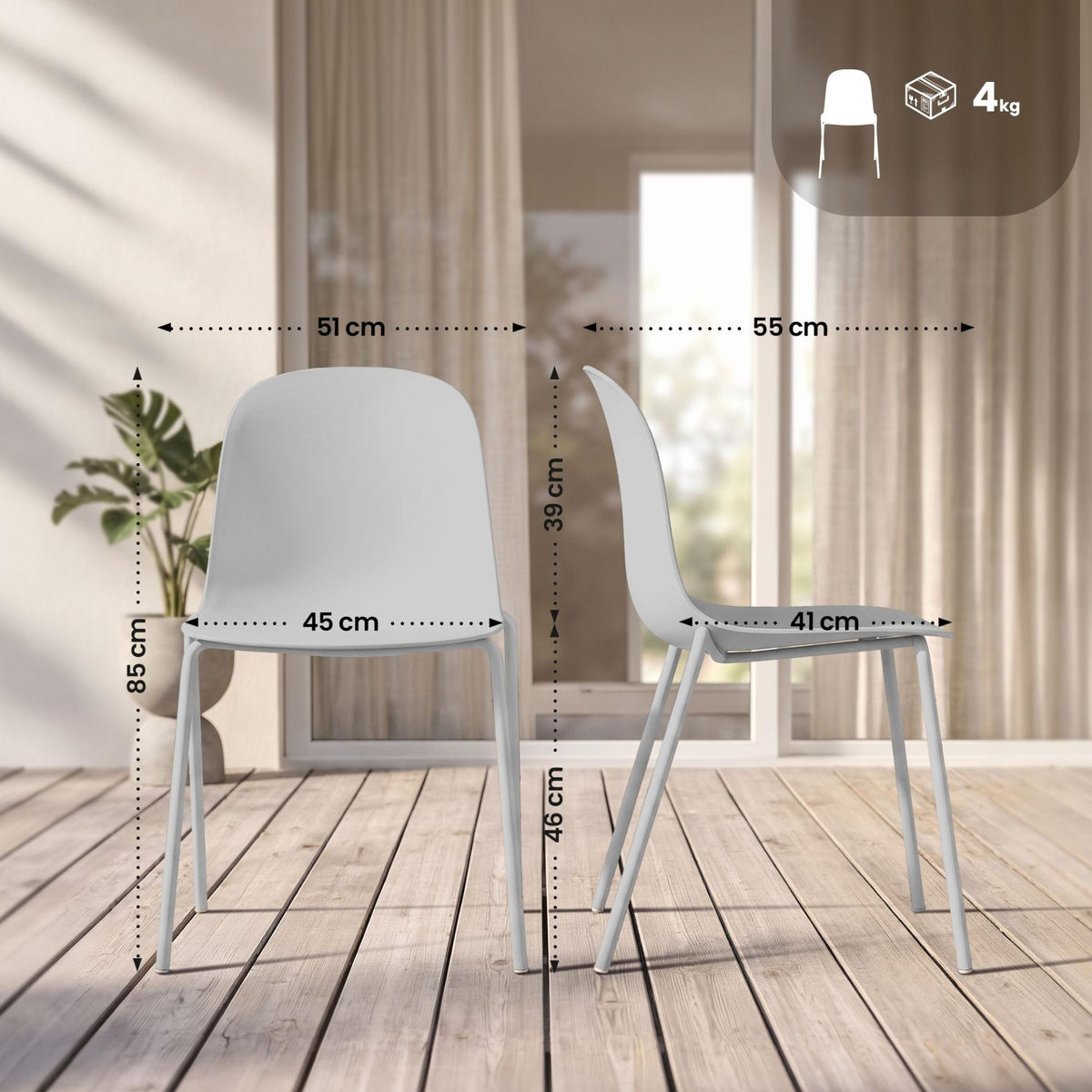 Set van 4 stapelstoelen Hardin licht grijs hellgrau