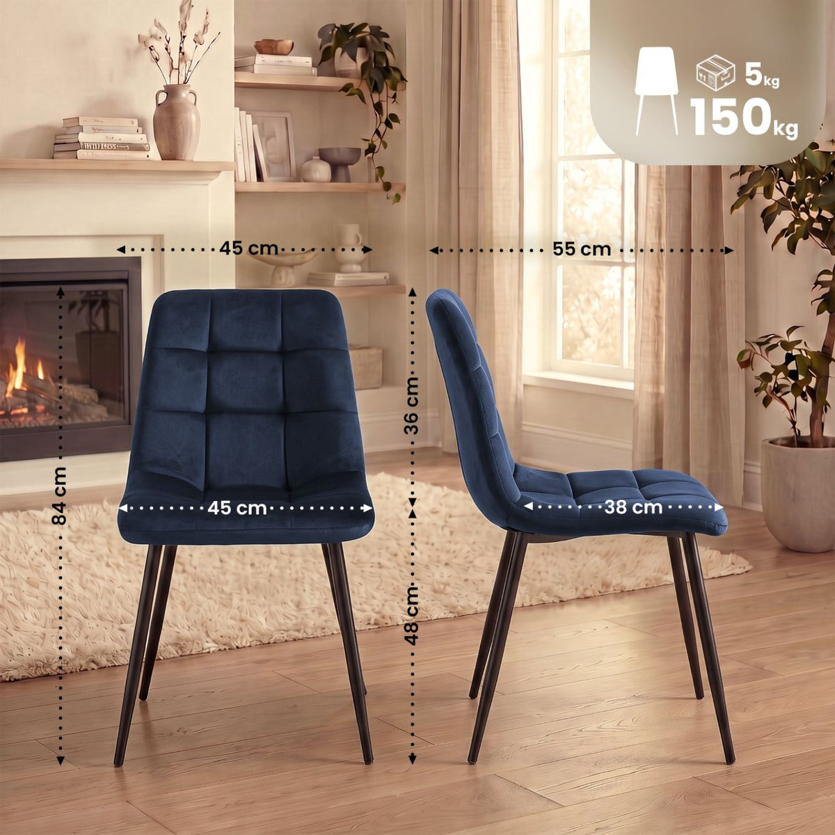 2er Set Esszimmerstuhl Tilde Samt blau