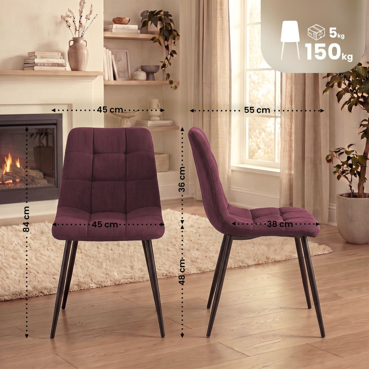 2er Set Esszimmerstuhl Tilde Cord bordeauxrot