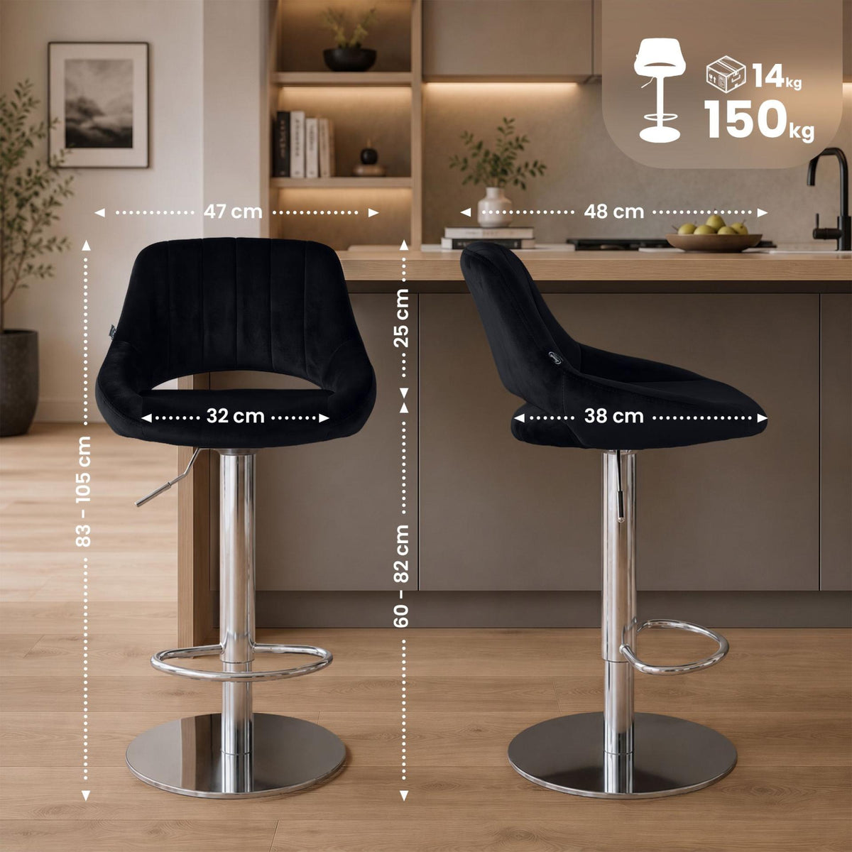2er Set Barhocker HD Milet C Samt schwarz