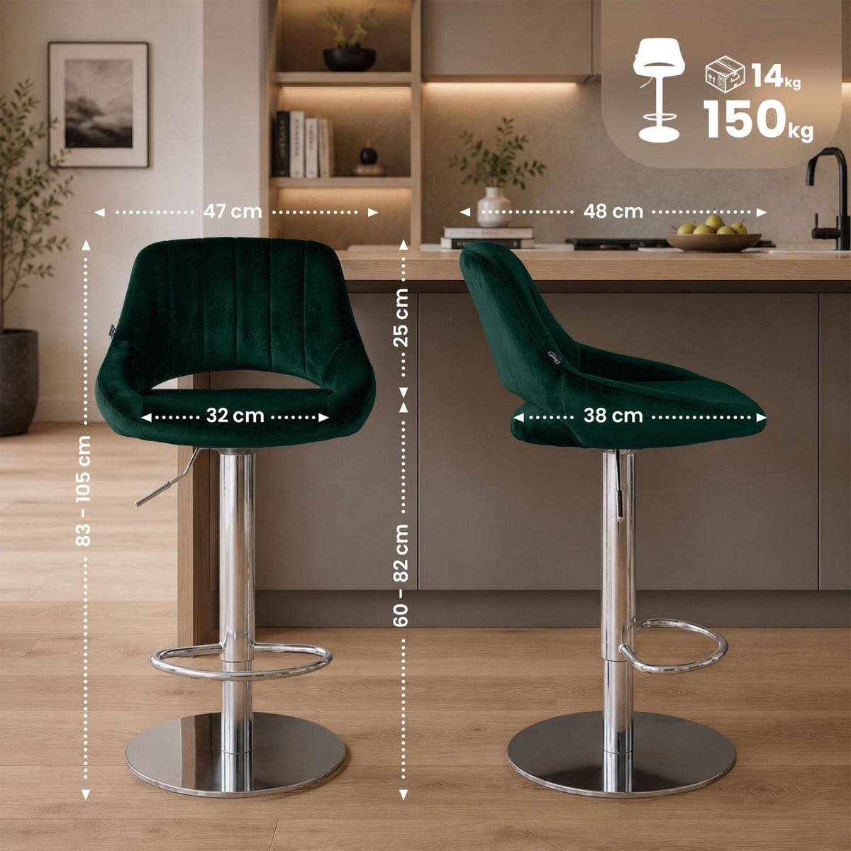2er Set Barhocker HD Milet C Samt grün