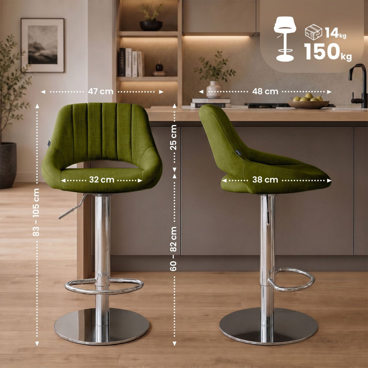 2er Set Barhocker HD Milet C Stoff grün