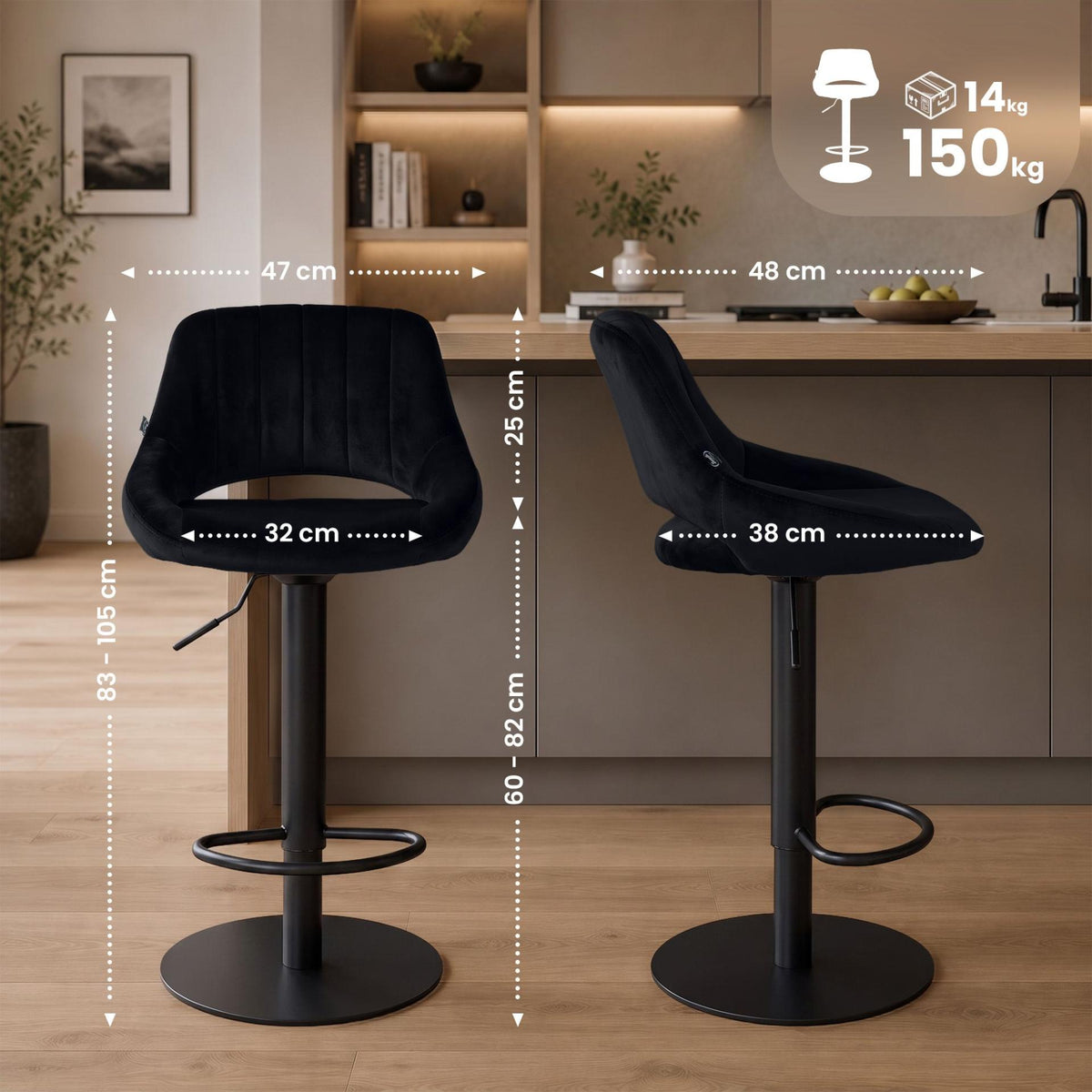2er Set Barhocker HD Milet B Samt schwarz