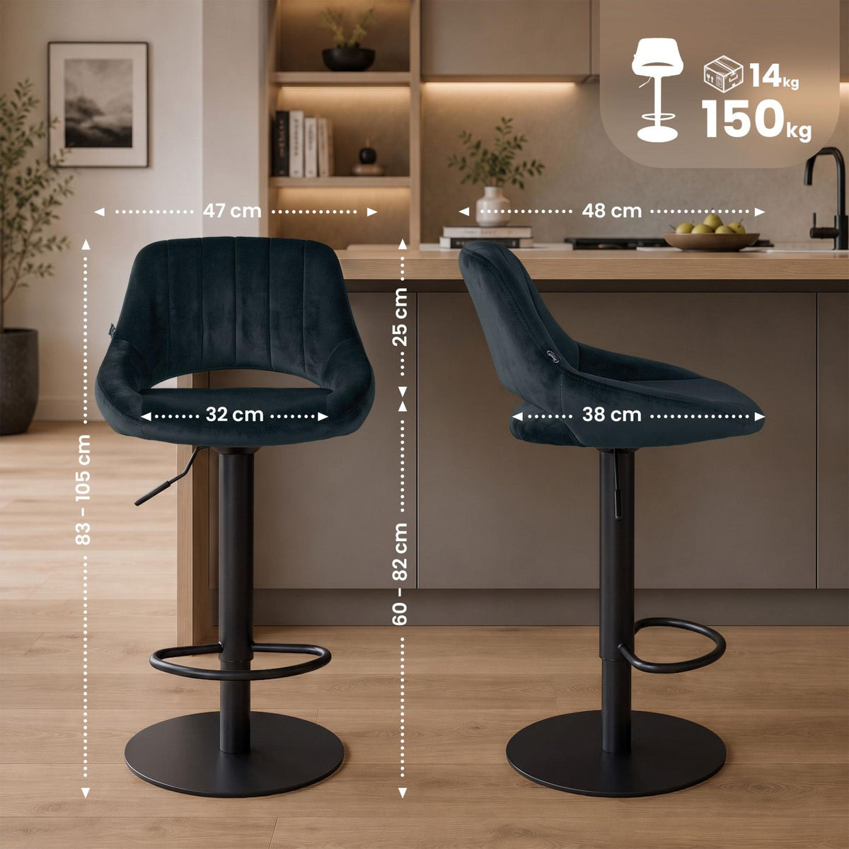 2er Set Barhocker HD Milet B Samt dunkelgrau