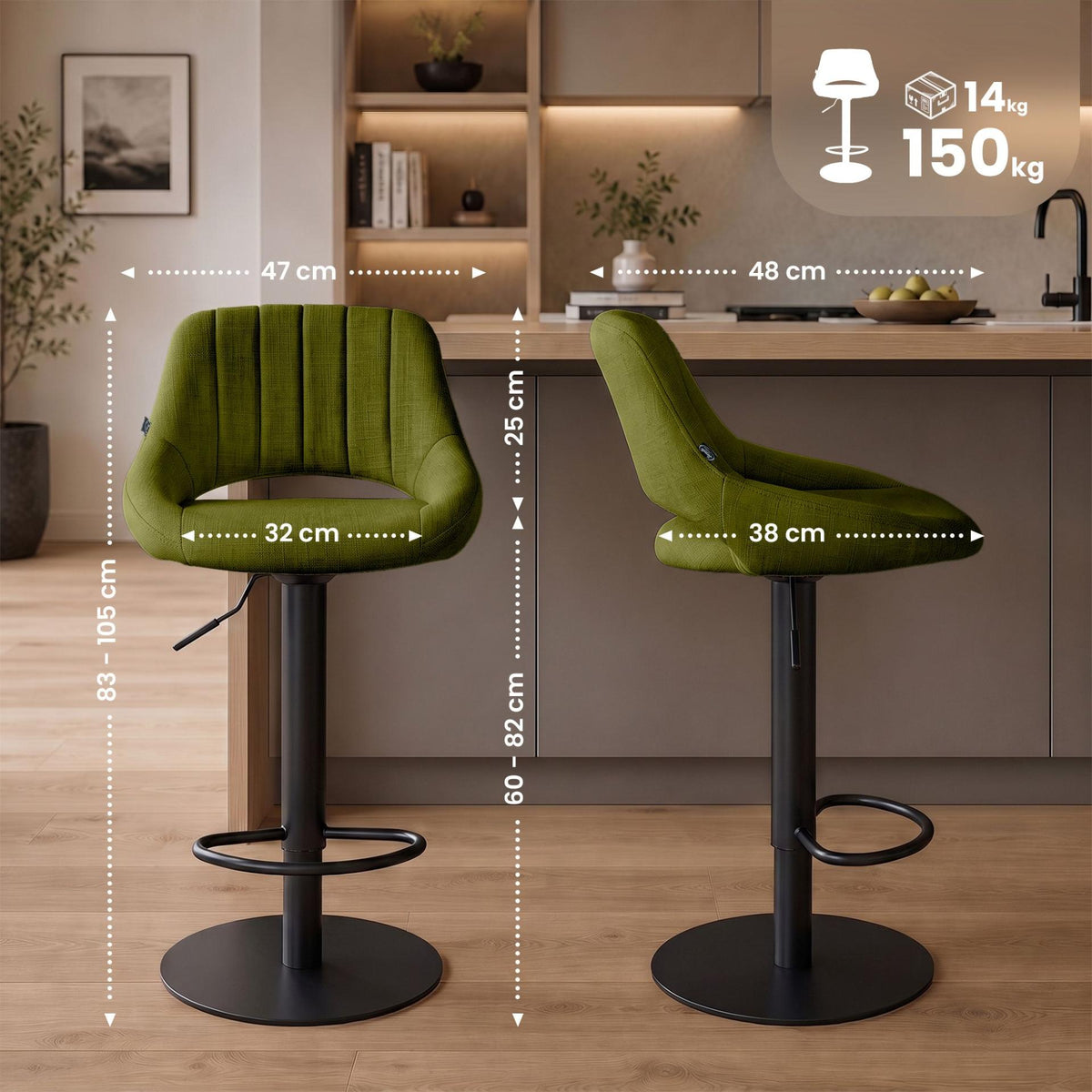 2er Set Barhocker HD Milet B Stoff grün