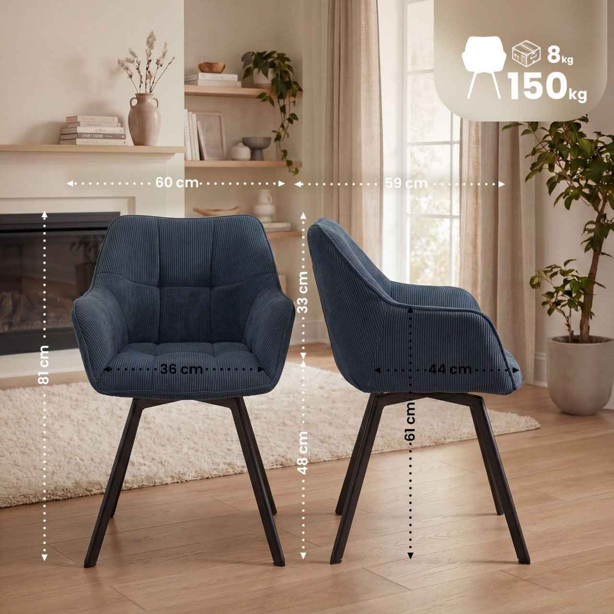 Eetkamerstoel Jordi Cord blauw blau