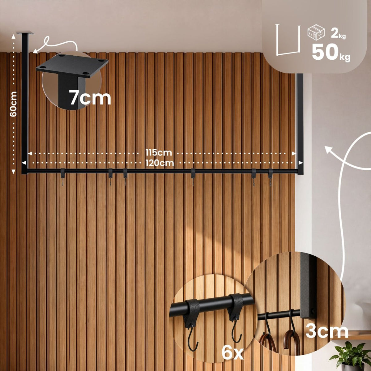 Kledingstang Fenton met 6 haken 120x60 cm schwarz