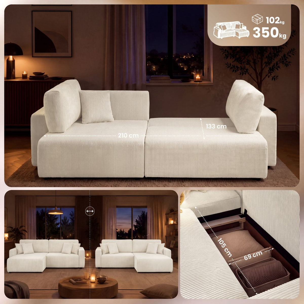 Ecksofa Brescia 4 Sitzer Cord creme