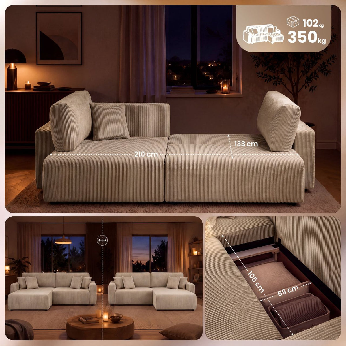 Ecksofa Brescia 4 Sitzer Cord khaki