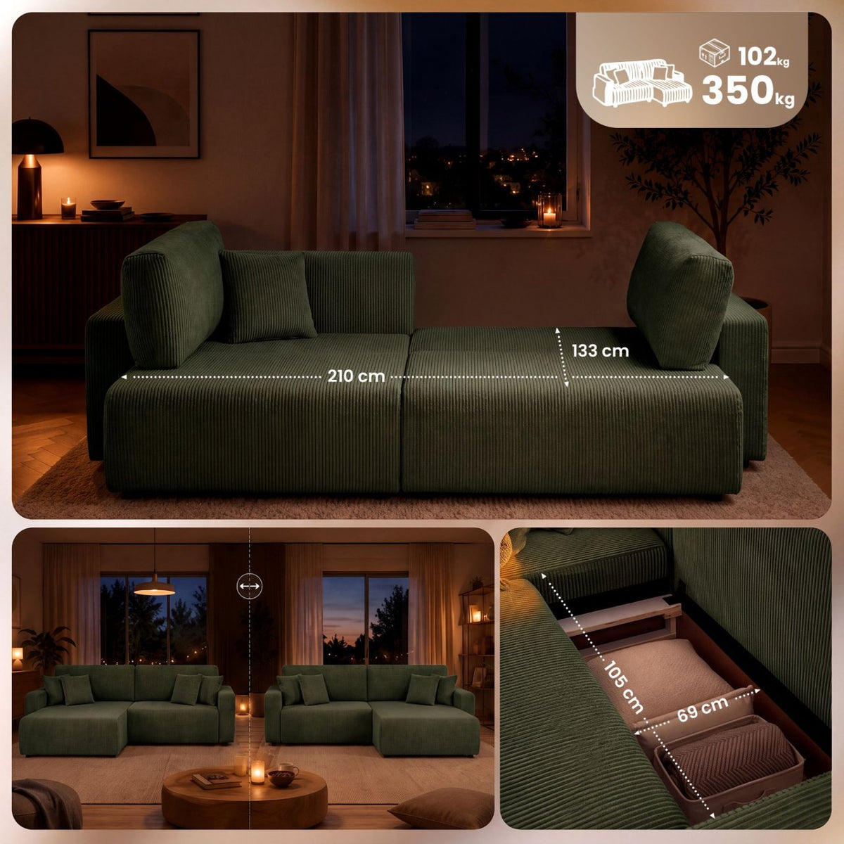 Ecksofa Brescia 4 Sitzer Cord grün