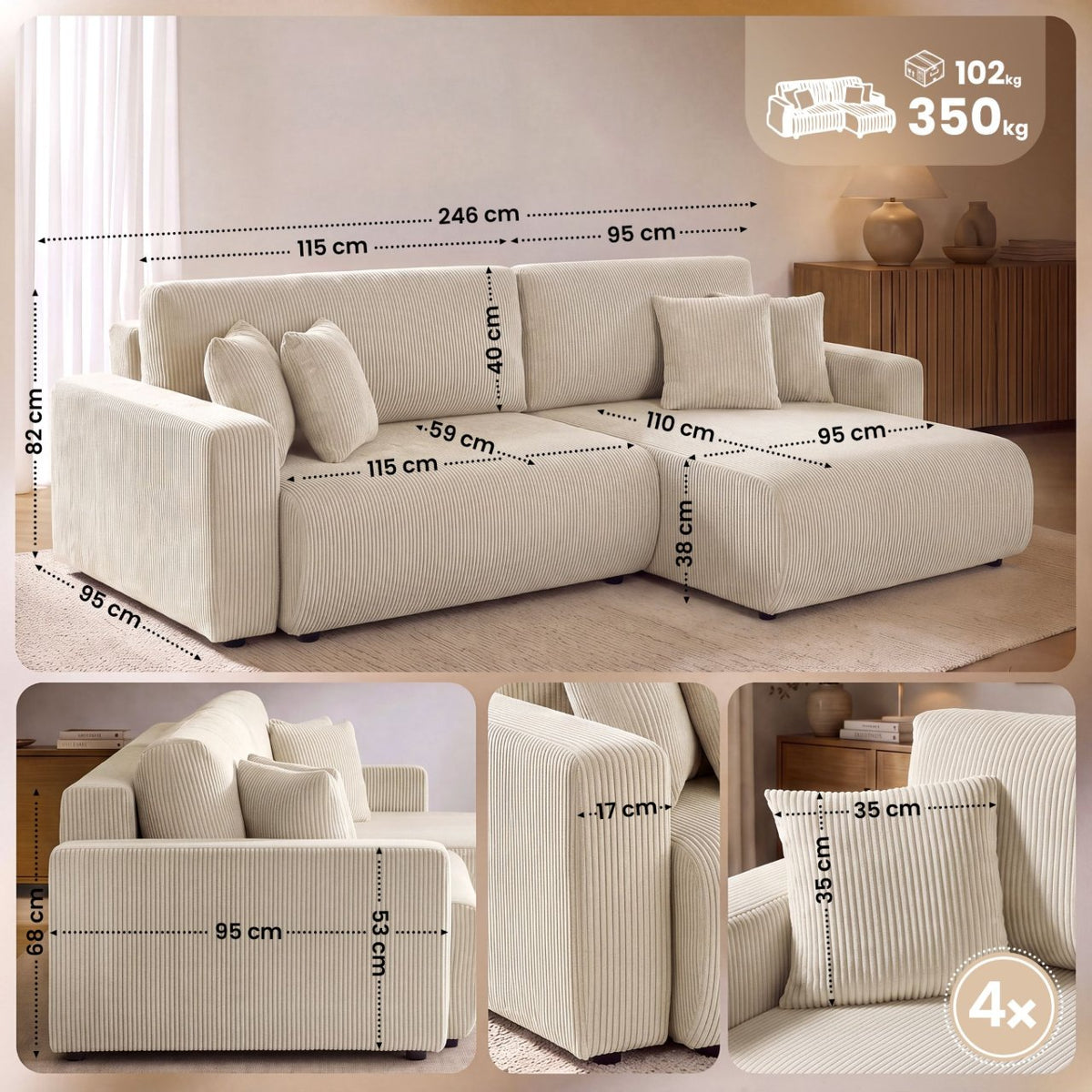 Ecksofa Brescia 4 Sitzer Cord creme