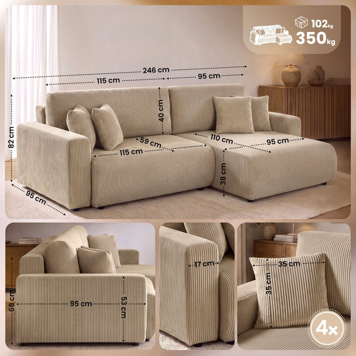 Ecksofa Brescia 4 Sitzer Cord khaki