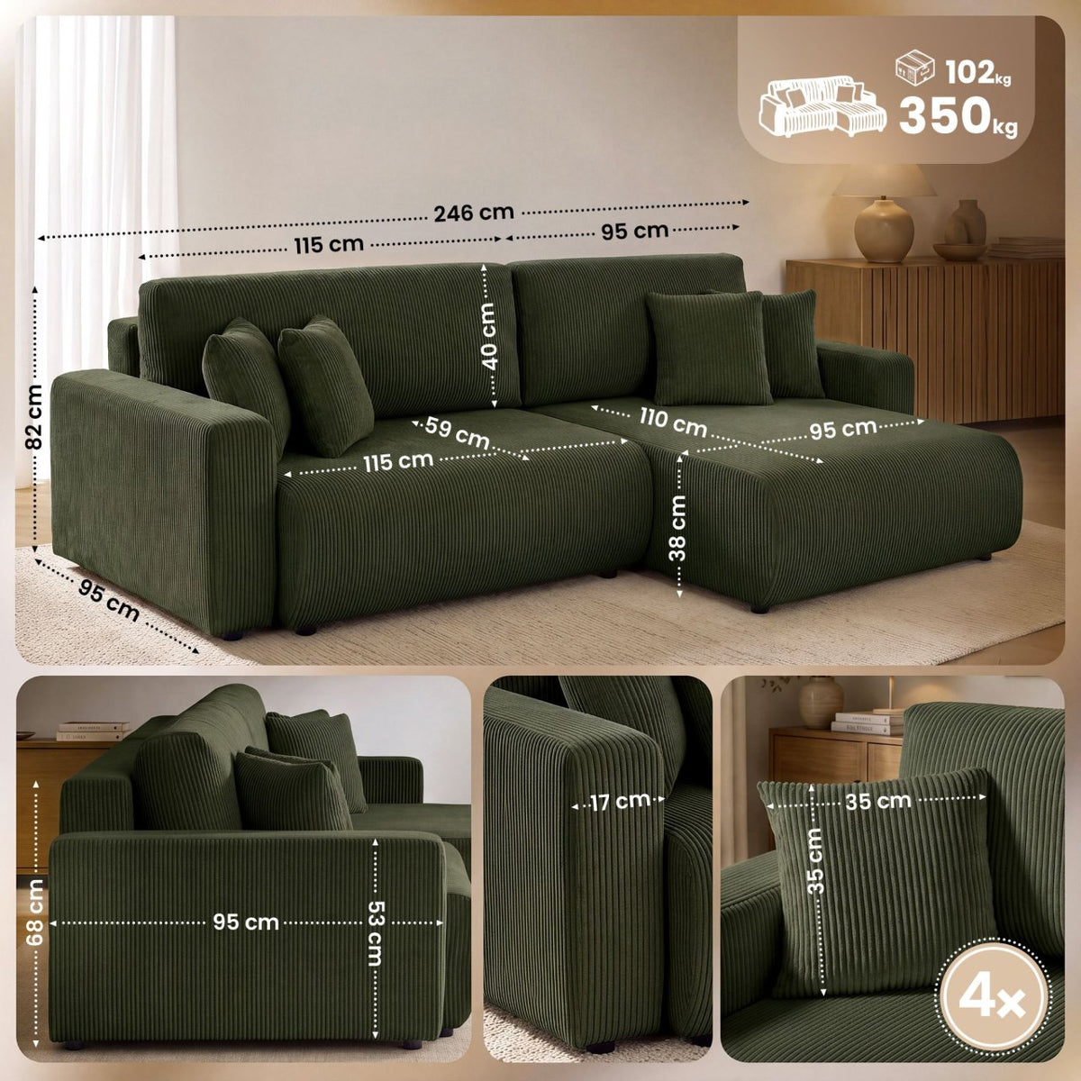 Ecksofa Brescia 4 Sitzer Cord grün