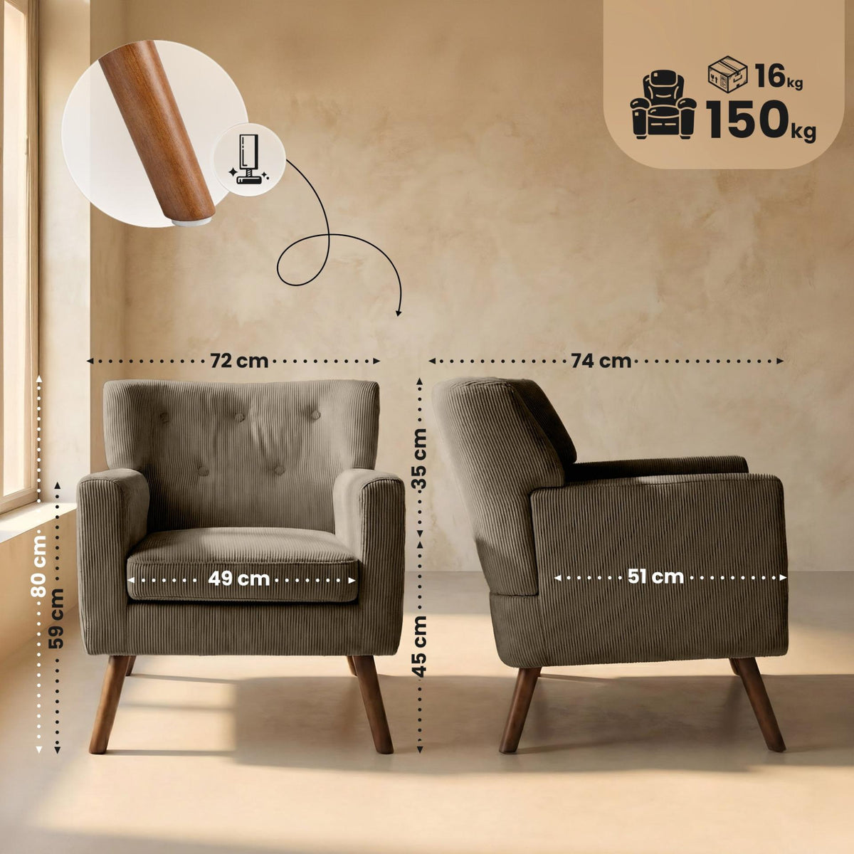 Fauteuil Kioni corduroy taupe taupe