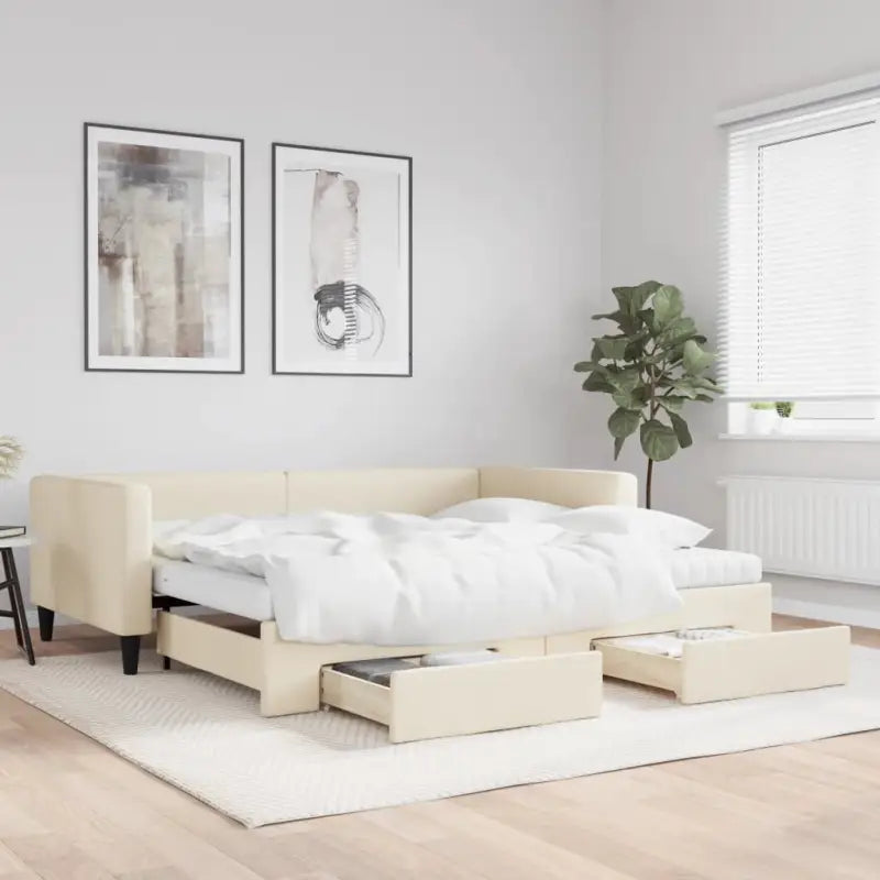 2-in-1 Slaapbank met Onderbed voor Woon- en Slaapkamers - Crème / 100 x 200 cm / met onderschuifbed en lade en matras