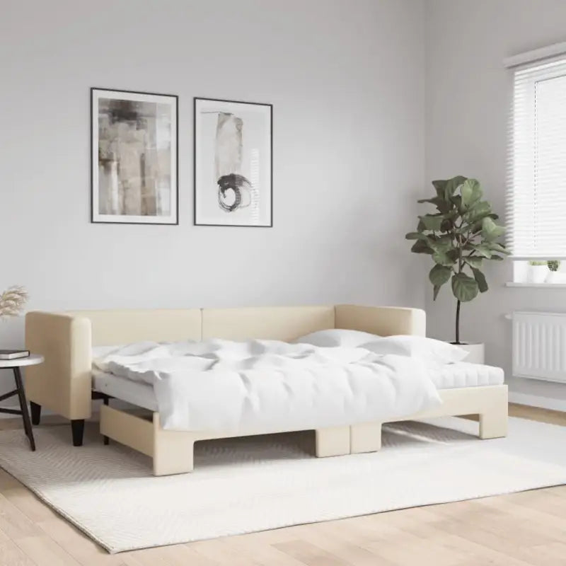 2-in-1 Slaapbank met Onderbed voor Woon- en Slaapkamers - Crème / 80 x 200 cm / met onderschuifbed en matras - Bedden &