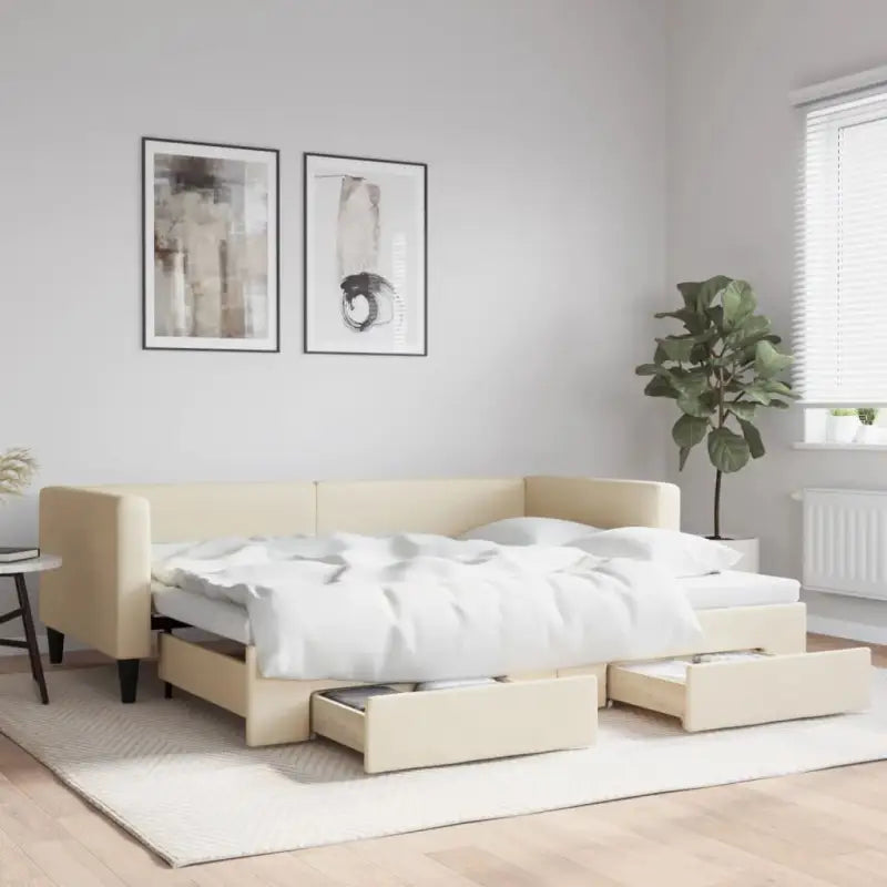 2-in-1 Slaapbank met Onderbed voor Woon- en Slaapkamers - Crème / 90 x 200 cm / met onderschuifbed en lade - Bedden &