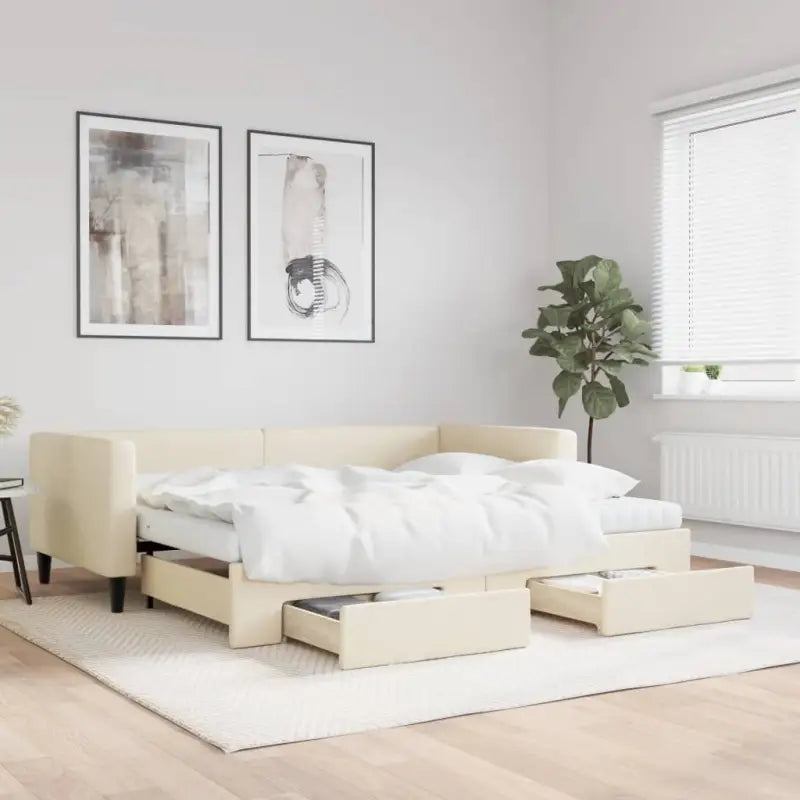 2-in-1 Slaapbank met Onderbed voor Woon- en Slaapkamers - Crème / 90 x 200 cm / met onderschuifbed en lade en matras