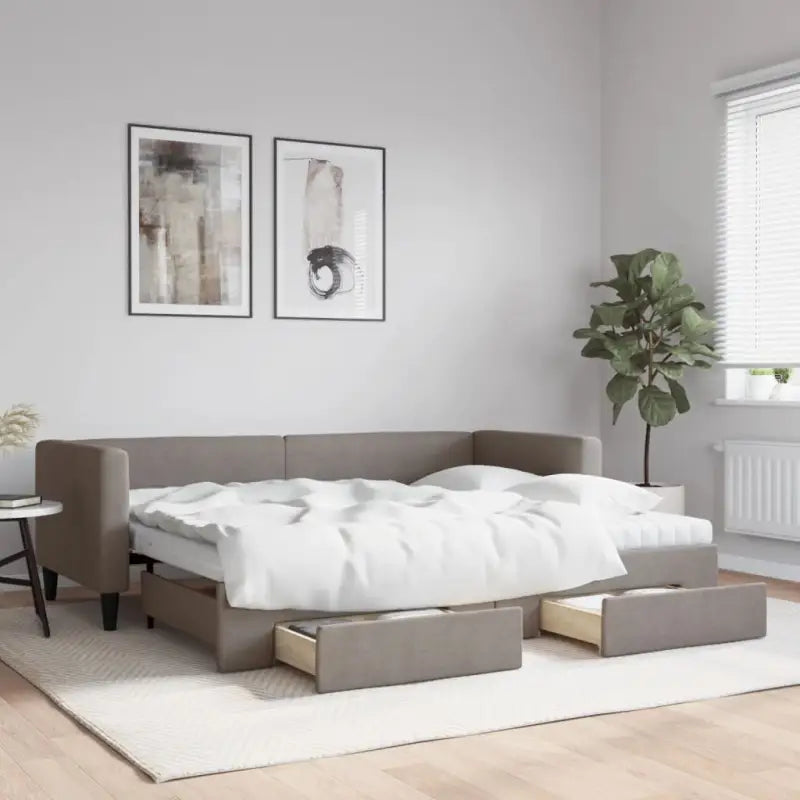 2-in-1 Slaapbank met Onderbed voor Woon- en Slaapkamers - Taupe / 80 x 200 cm / met onderschuifbed en lade en matras