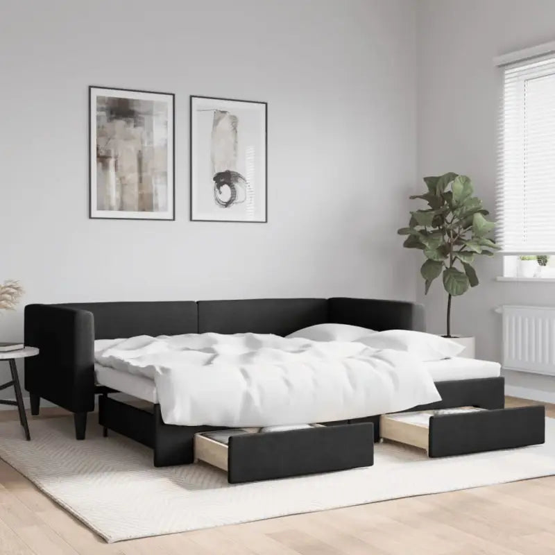 2-in-1 Slaapbank met Onderbed voor Woon- en Slaapkamers - Zwart / 90 x 190 cm / met onderschuifbed en lade - Bedden &