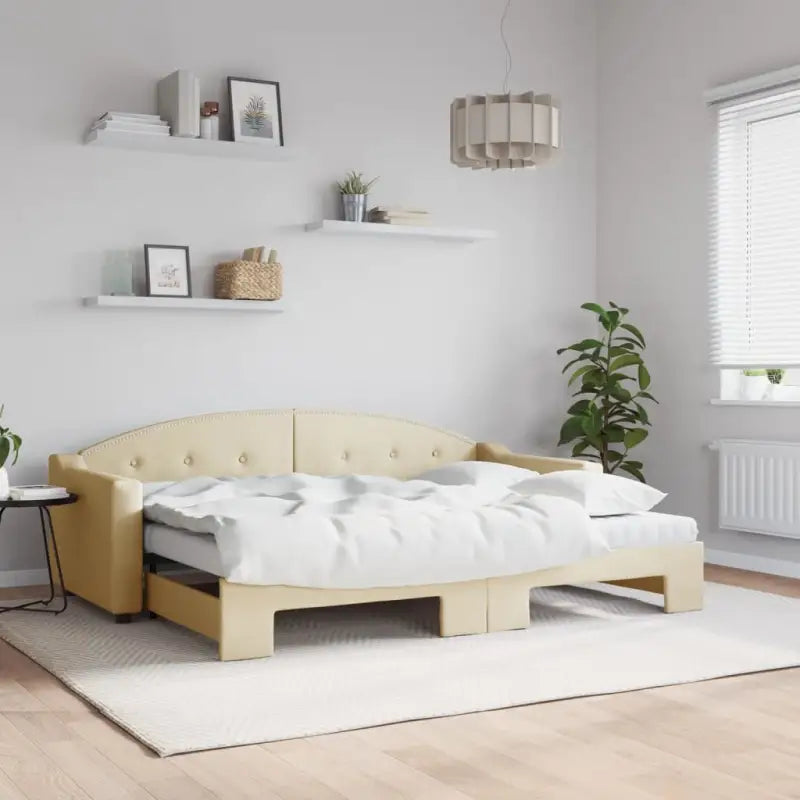 2-in-1 Slaapbank met Onderbouwbed voor Woonkamer en Slaapkamer - Crème / 80 x 200 cm / met onderschuifbed en matras