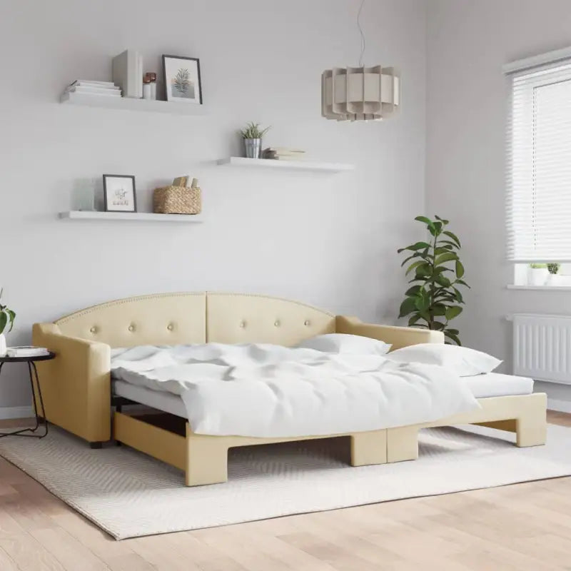 2-in-1 Slaapbank met Onderbouwbed voor Woonkamer en Slaapkamer - Crème / 100 x 200 cm / met onderschuifbed - Bedden &