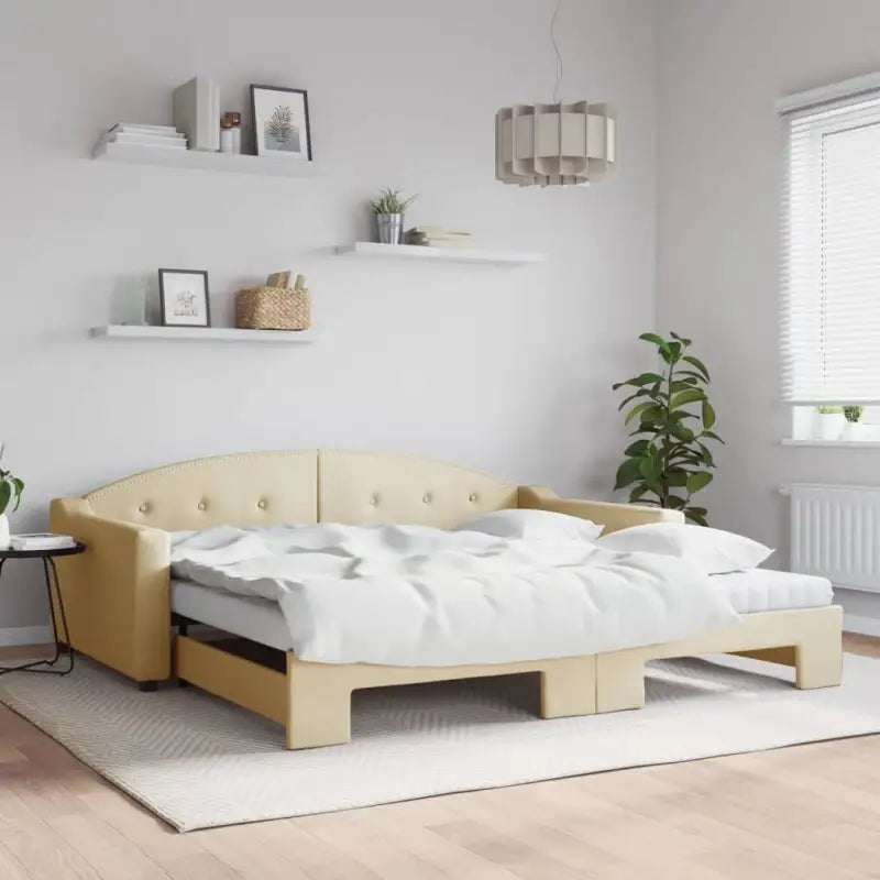 2-in-1 Slaapbank met Onderbouwbed voor Woonkamer en Slaapkamer - Crème / 100 x 200 cm / met onderschuifbed en matras
