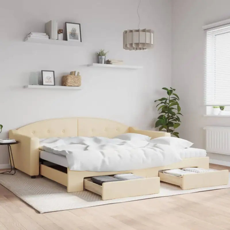 2-in-1 Slaapbank met Onderbouwbed voor Woonkamer en Slaapkamer - Crème / 100 x 200 cm / met onderschuifbed en lade