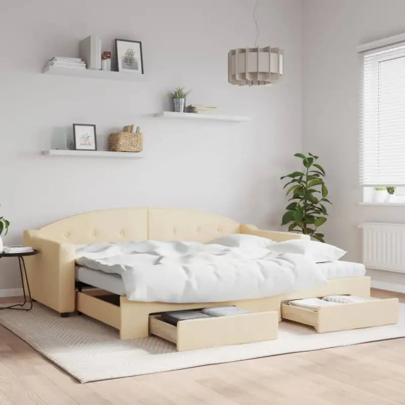 2-in-1 Slaapbank met Onderbouwbed voor Woonkamer en Slaapkamer - Crème / 90 x 200 cm / met onderschuifbed en lade