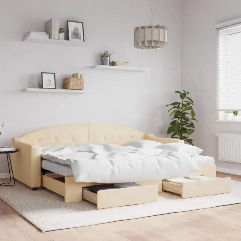 2-in-1 Slaapbank met Onderbouwbed voor Woonkamer en Slaapkamer - Crème / 80 x 200 cm / met onderschuifbed en lade