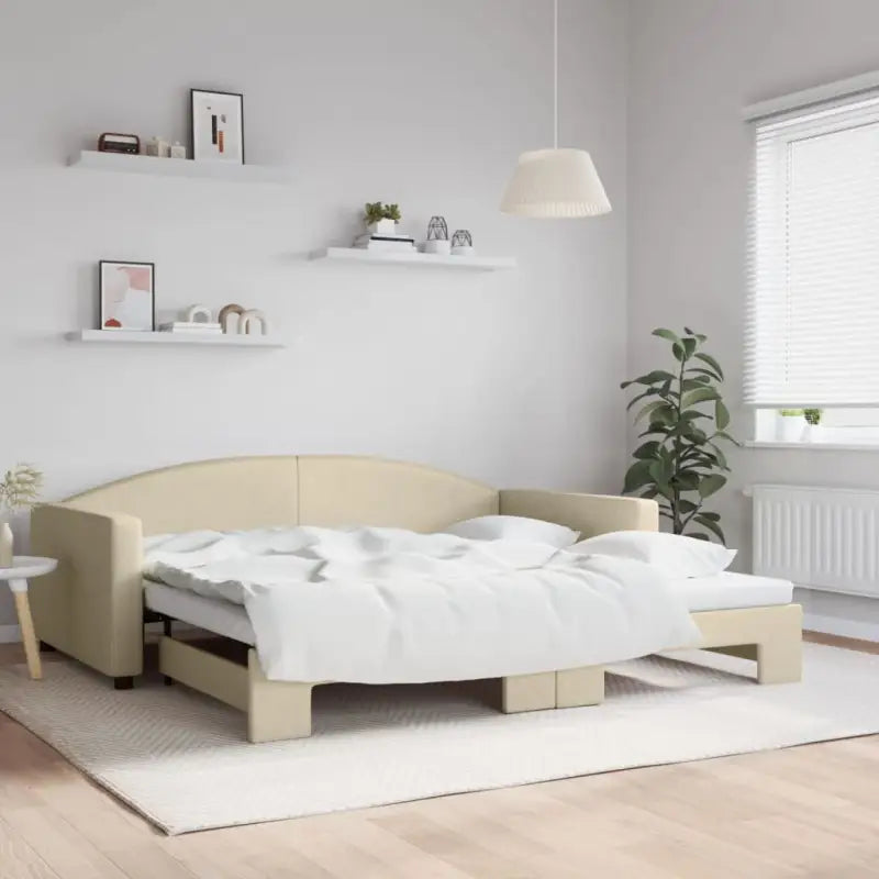 2-in-1 Slaapbank voor in woonkamer of slaapkamer - Crème / 100 x 200 cm / met onderschuifbed - Bedden & bedframes