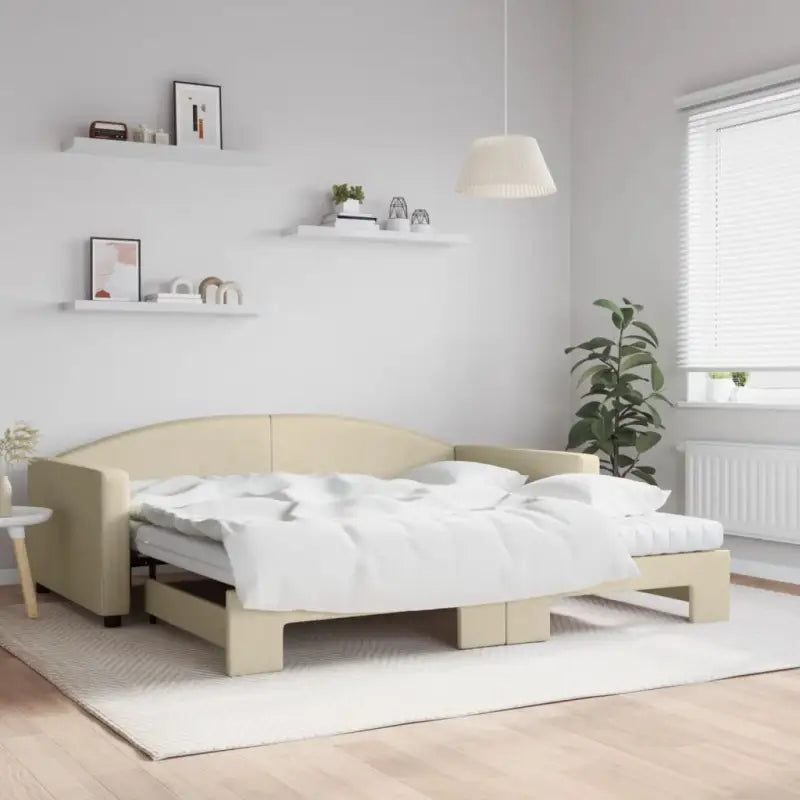 2-in-1 Slaapbank voor in woonkamer of slaapkamer - Crème / 100 x 200 cm / met onderschuifbed en matras - Bedden &