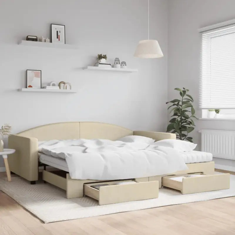 2-in-1 Slaapbank voor in woonkamer of slaapkamer - Crème / 100 x 200 cm / met onderschuifbed en lade en matras - Bedden