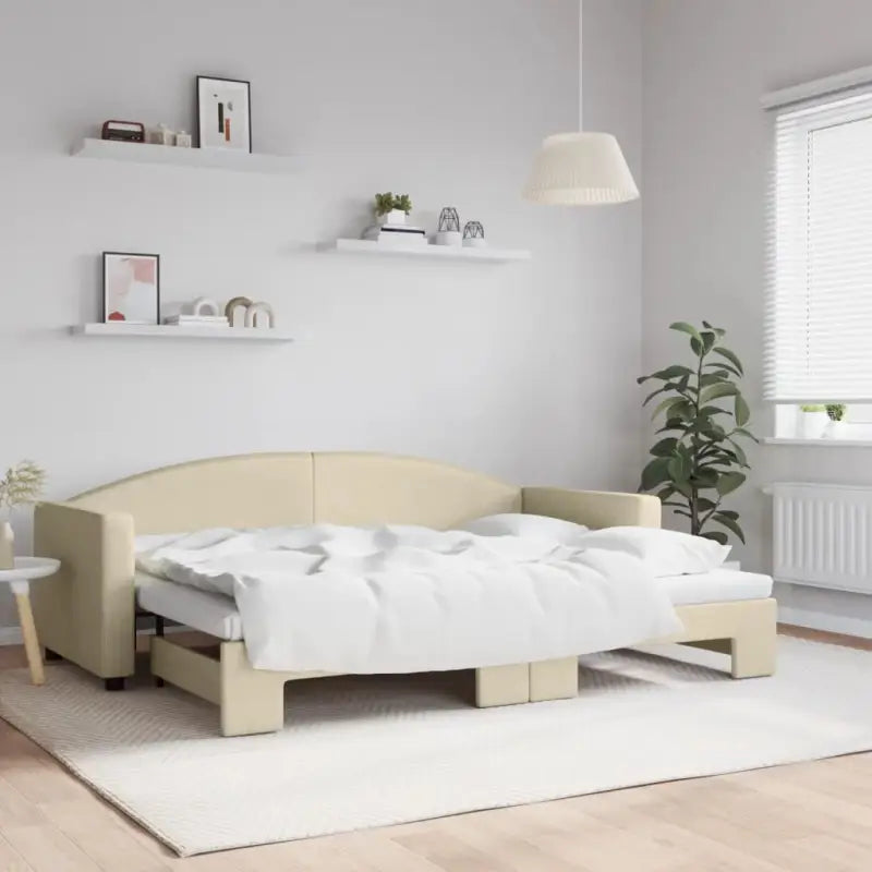 2-in-1 Slaapbank voor in woonkamer of slaapkamer - Crème / 80 x 200 cm / met onderschuifbed - Bedden & bedframes