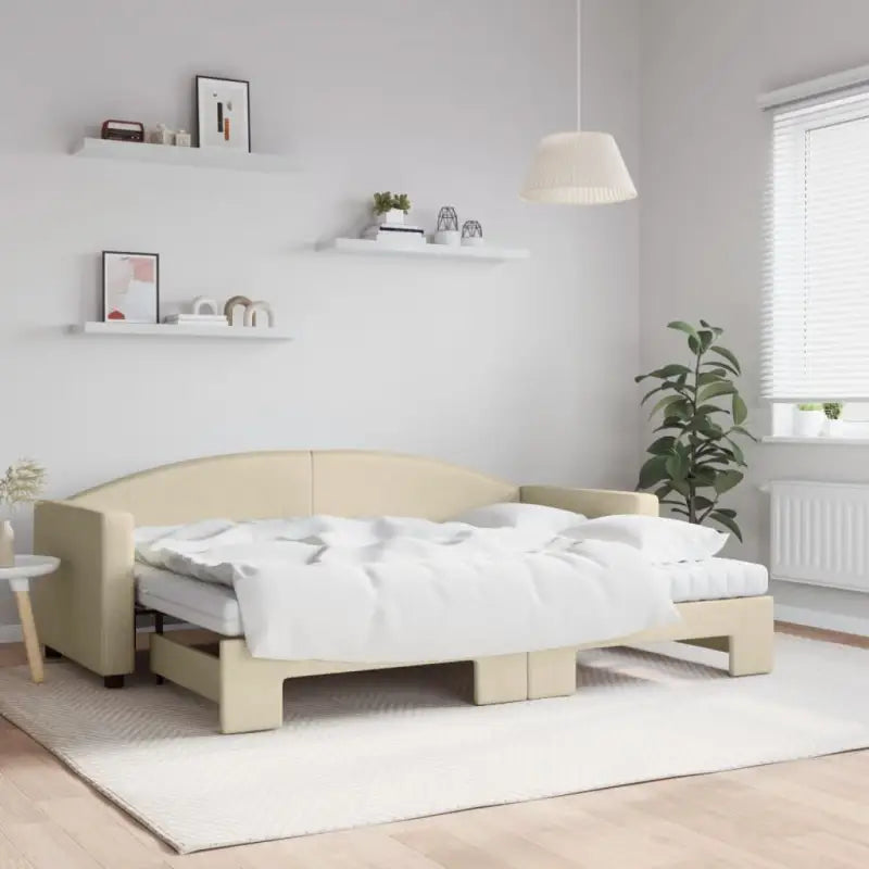 2-in-1 Slaapbank voor in woonkamer of slaapkamer - Crème / 80 x 200 cm / met onderschuifbed en matras - Bedden &