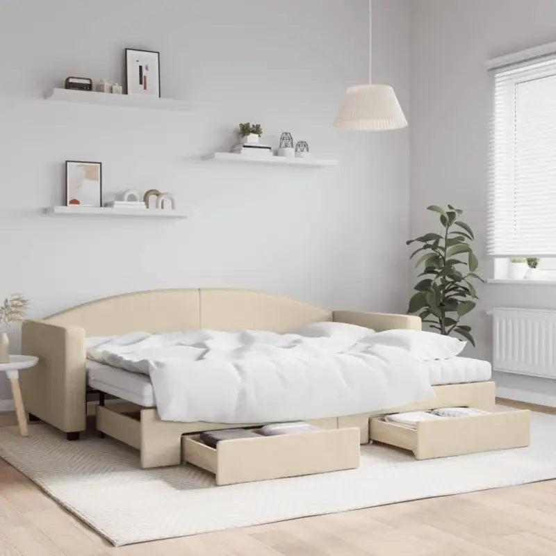 2-in-1 Slaapbank voor in woonkamer of slaapkamer - Crème / 80 x 200 cm / met onderschuifbed en lade en matras - Bedden
