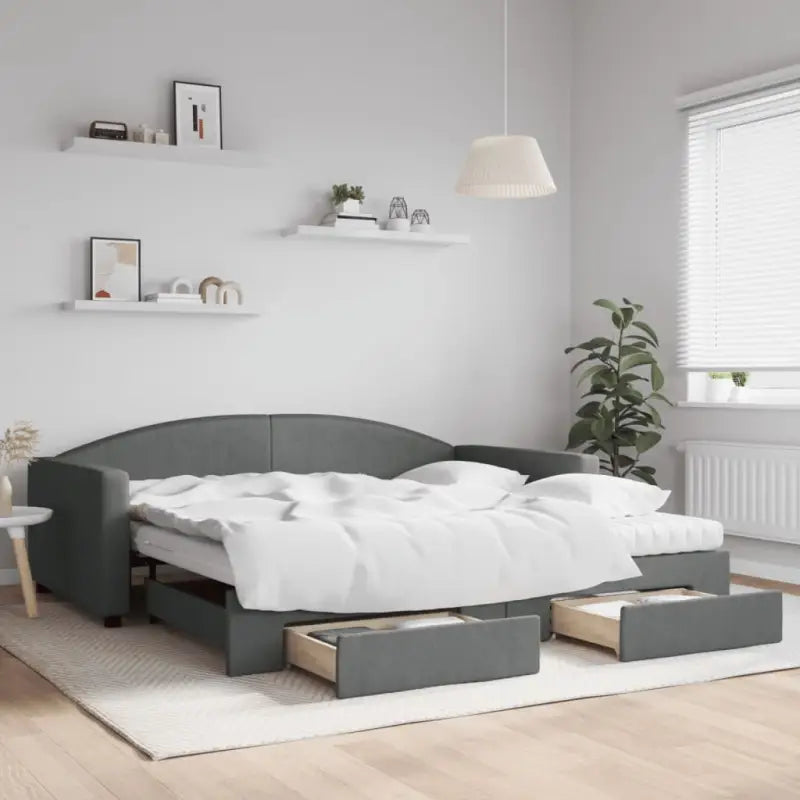 2-in-1 Slaapbank voor in woonkamer of slaapkamer - Donkergrijs / 100 x 200 cm / met onderschuifbed en lade en matras