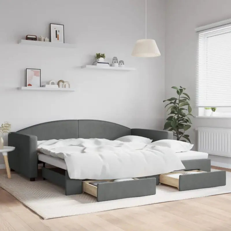 2-in-1 Slaapbank voor in woonkamer of slaapkamer - Donkergrijs / 100 x 200 cm / met onderschuifbed en lade - Bedden &