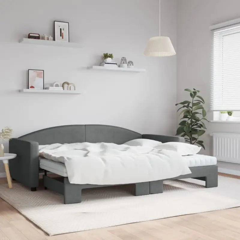 2-in-1 Slaapbank voor in woonkamer of slaapkamer - Donkergrijs / 90 x 200 cm / met onderschuifbed en matras - Bedden &