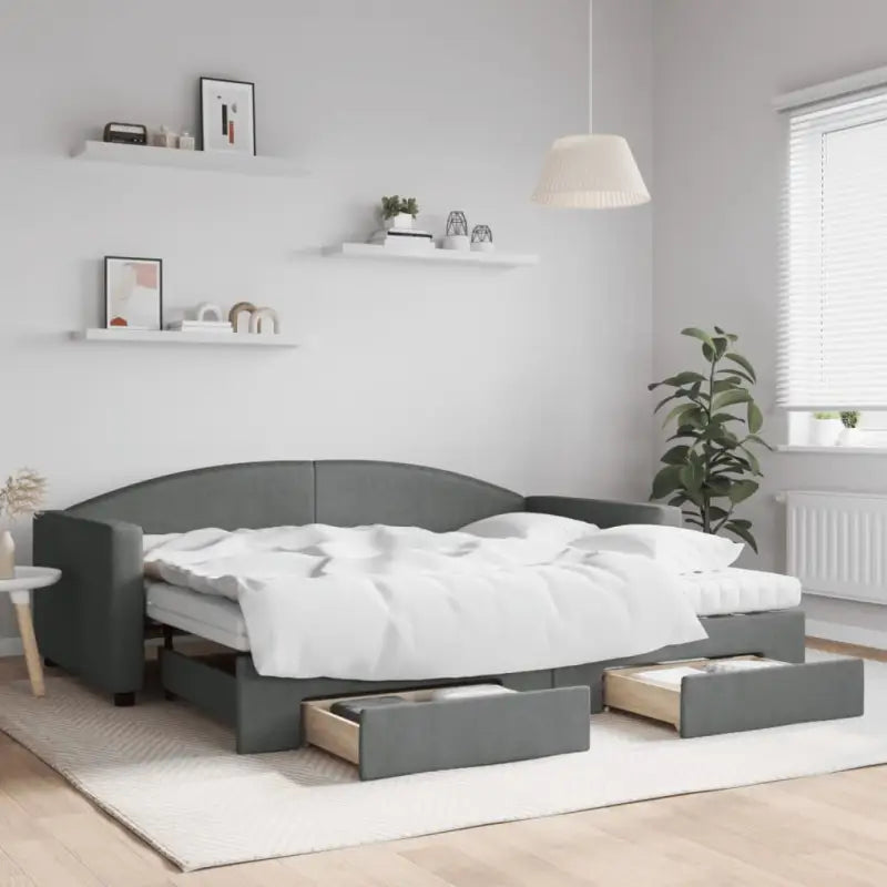 2-in-1 Slaapbank voor in woonkamer of slaapkamer - Donkergrijs / 90 x 200 cm / met onderschuifbed en lade en matras