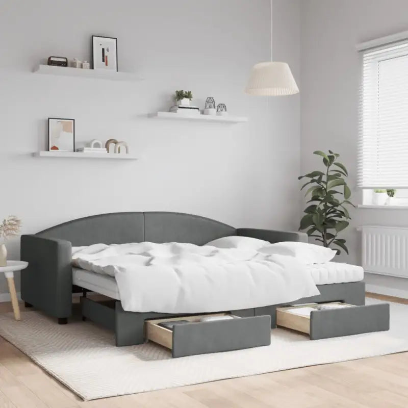2-in-1 Slaapbank voor in woonkamer of slaapkamer - Donkergrijs / 90 x 190 cm / met onderschuifbed en lade en matras