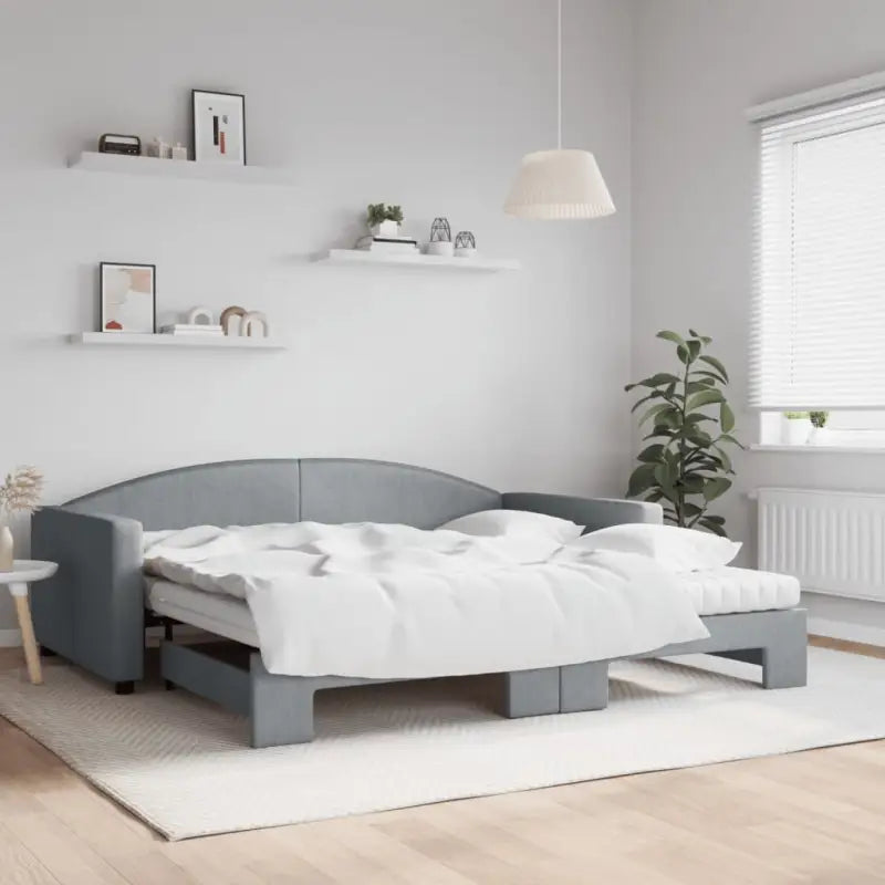2-in-1 Slaapbank voor in woonkamer of slaapkamer - Lichtgrijs / 100 x 200 cm / met onderschuifbed en matras - Bedden &