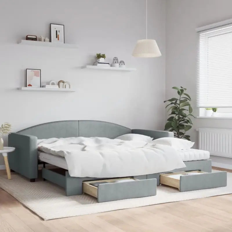 2-in-1 Slaapbank voor in woonkamer of slaapkamer - Lichtgrijs / 100 x 200 cm / met onderschuifbed en lade en matras