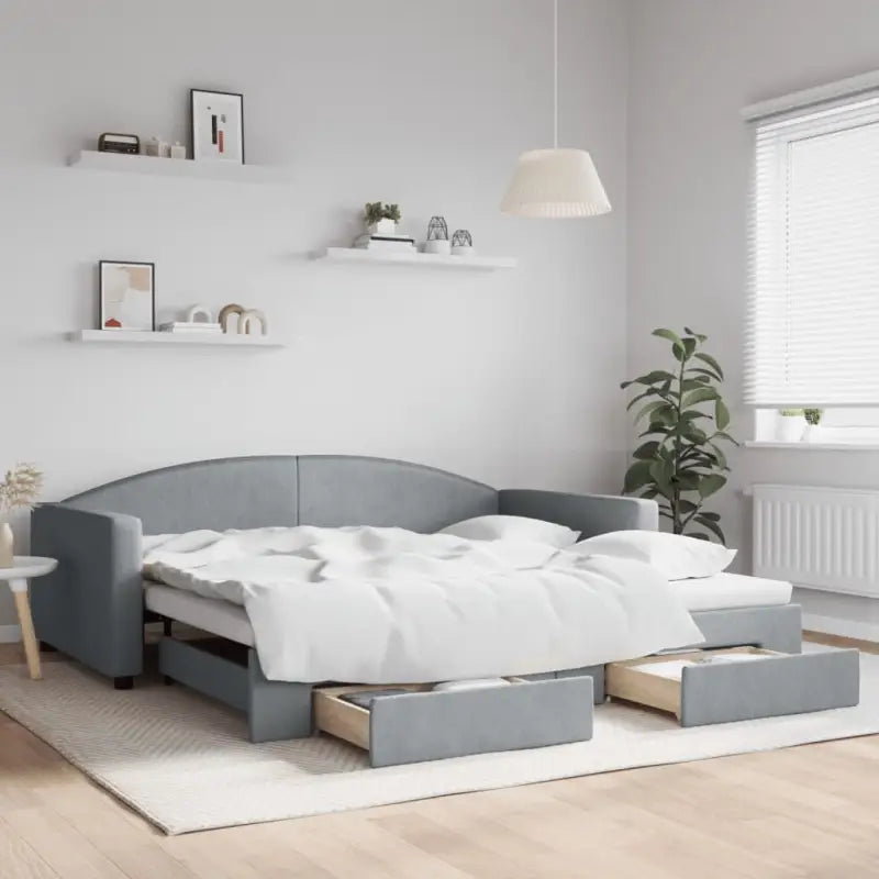 2-in-1 Slaapbank voor in woonkamer of slaapkamer - Lichtgrijs / 100 x 200 cm / met onderschuifbed en lade - Bedden &