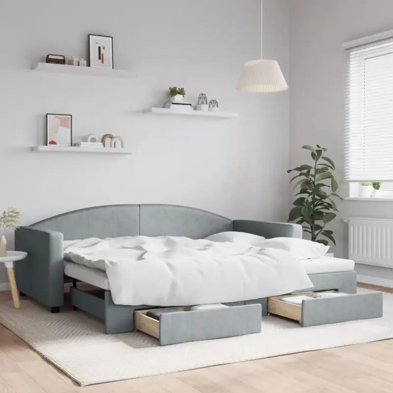 2-in-1 Slaapbank voor in woonkamer of slaapkamer - Lichtgrijs / 90 x 200 cm / met onderschuifbed en lade - Bedden &