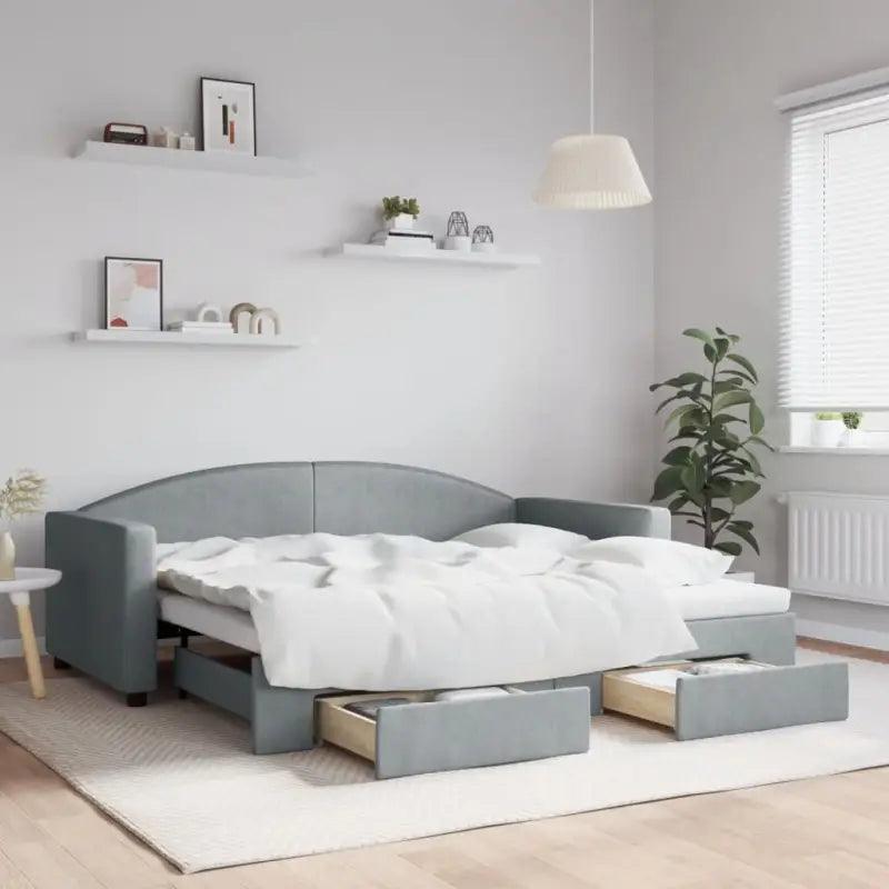 2-in-1 Slaapbank voor in woonkamer of slaapkamer - Lichtgrijs / 90 x 190 cm / met onderschuifbed en lade - Bedden &