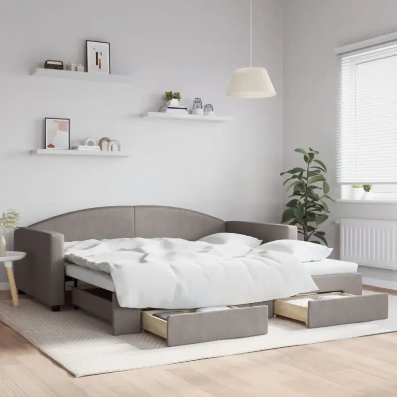 2-in-1 Slaapbank voor in woonkamer of slaapkamer - Taupe / 100 x 200 cm / met onderschuifbed en lade - Bedden &