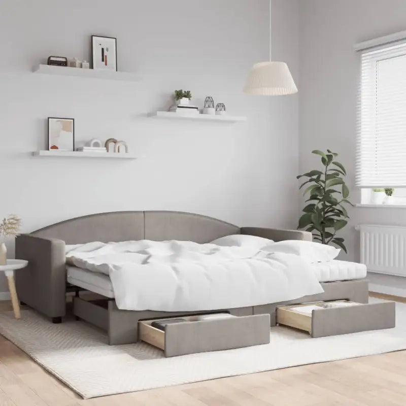 2-in-1 Slaapbank voor in woonkamer of slaapkamer - Taupe / 90 x 200 cm / met onderschuifbed en lade en matras - Bedden